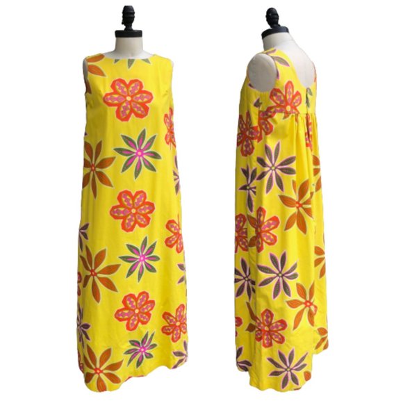 Vintage 50s/60s Hoaloha Hawaiian Barkcloth Yellow Floral Maxi Tiki Dress XS/S - Picture 5 of 14